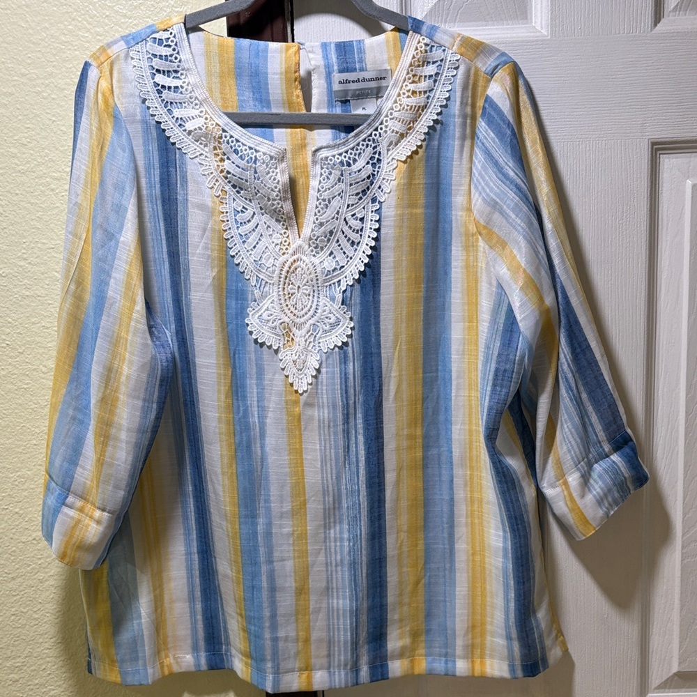 Alfred Dunner Yellow, Blue and White Striped Tunic with Lace V-Neck - Picture 3 of 7